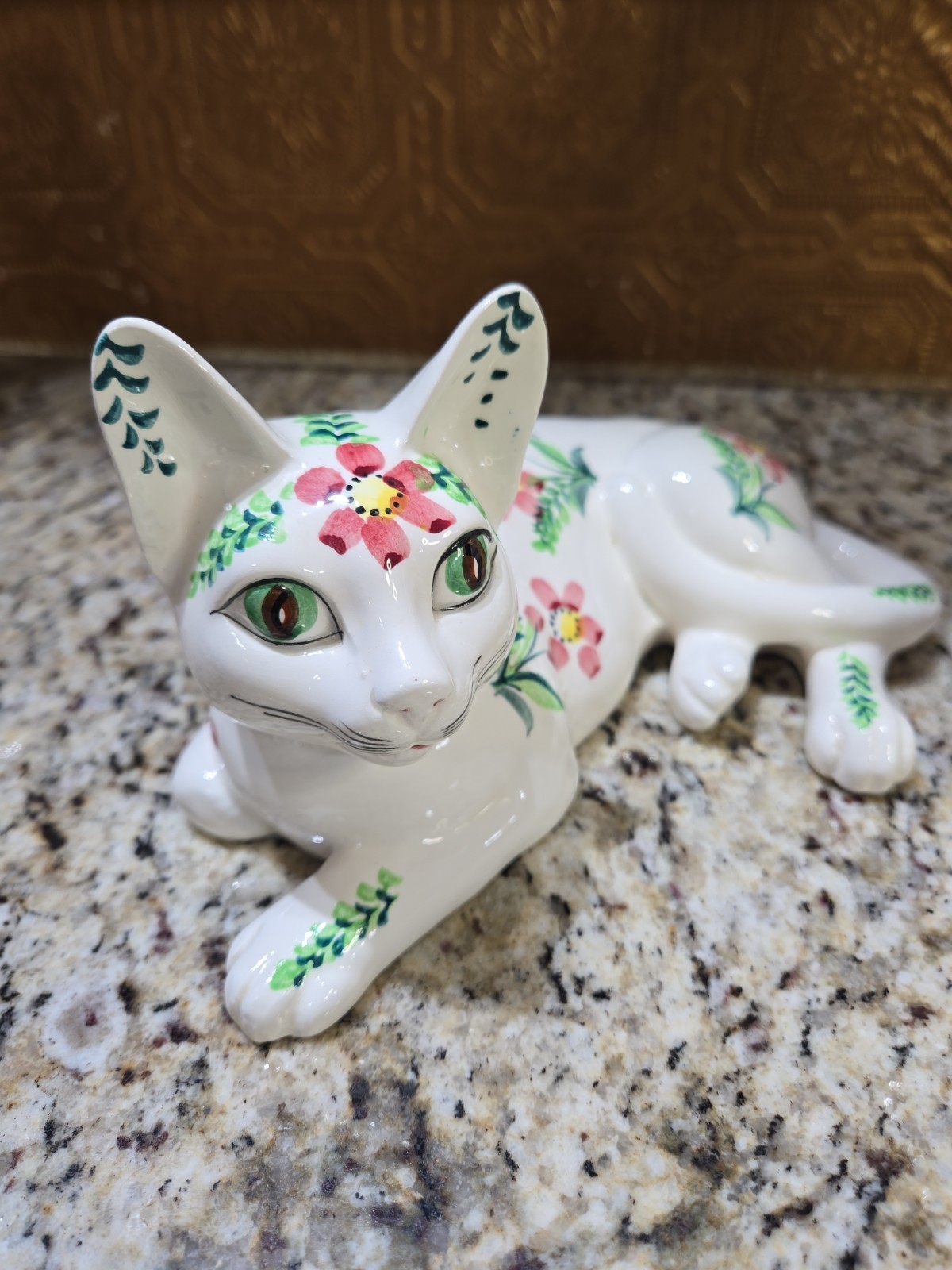 Vtg Ucagco Ceramics Japan Cat Figures Pair Laying Sitting Rare Set Floral Set