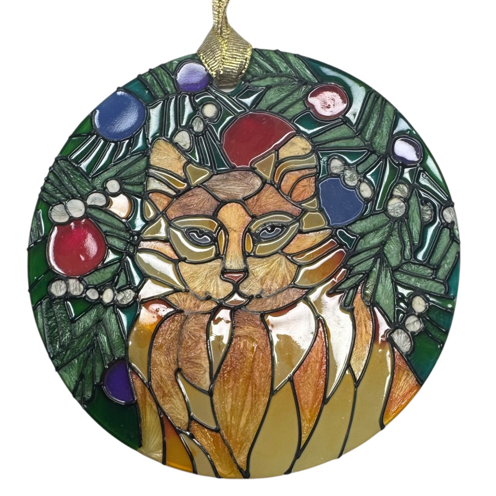 Joan Baker Stained Glass Christmas Cat Suncatcher Ornament Holiday Orange Tabby