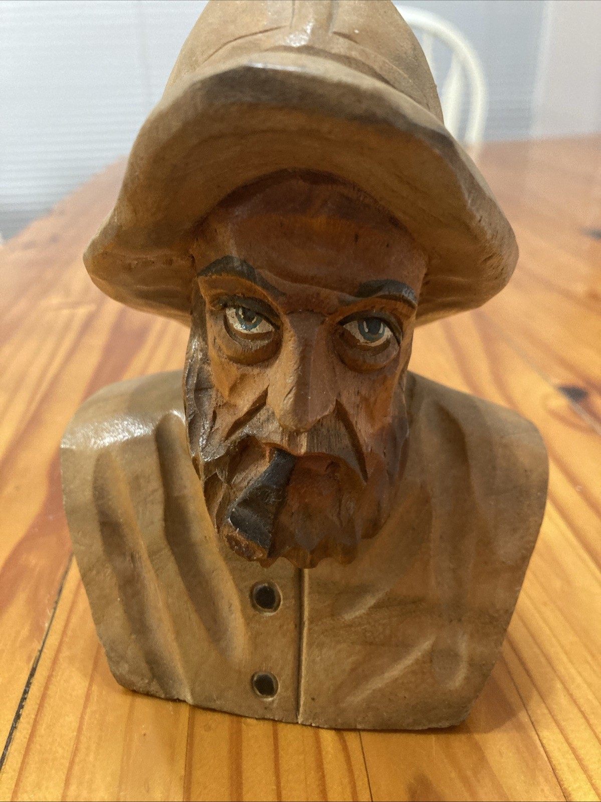 Hand-carved Wooden probably Fisherman/captain Bust with Pipe Approx 6” Tall