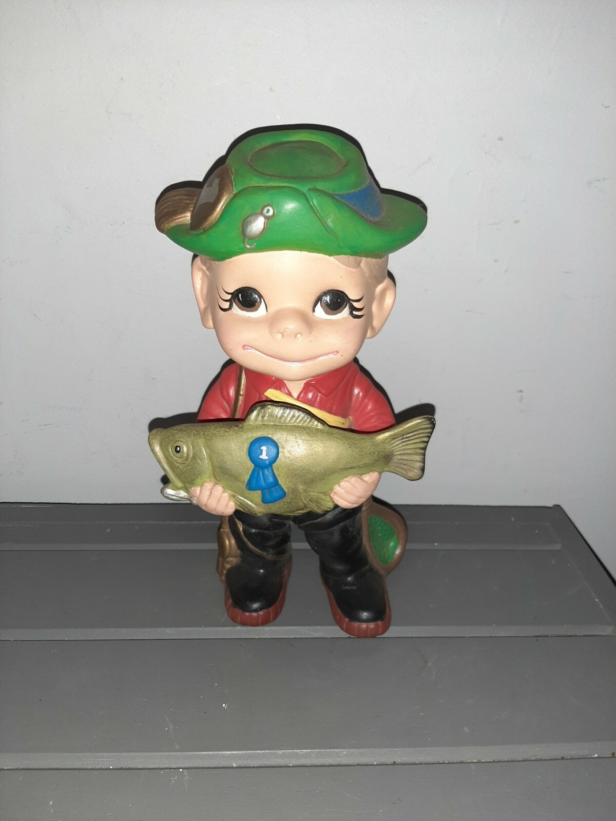 Vintage ATLANTIC MOLD CERAMIC Smiley Boy 1st Place Fish fisherman hand painted