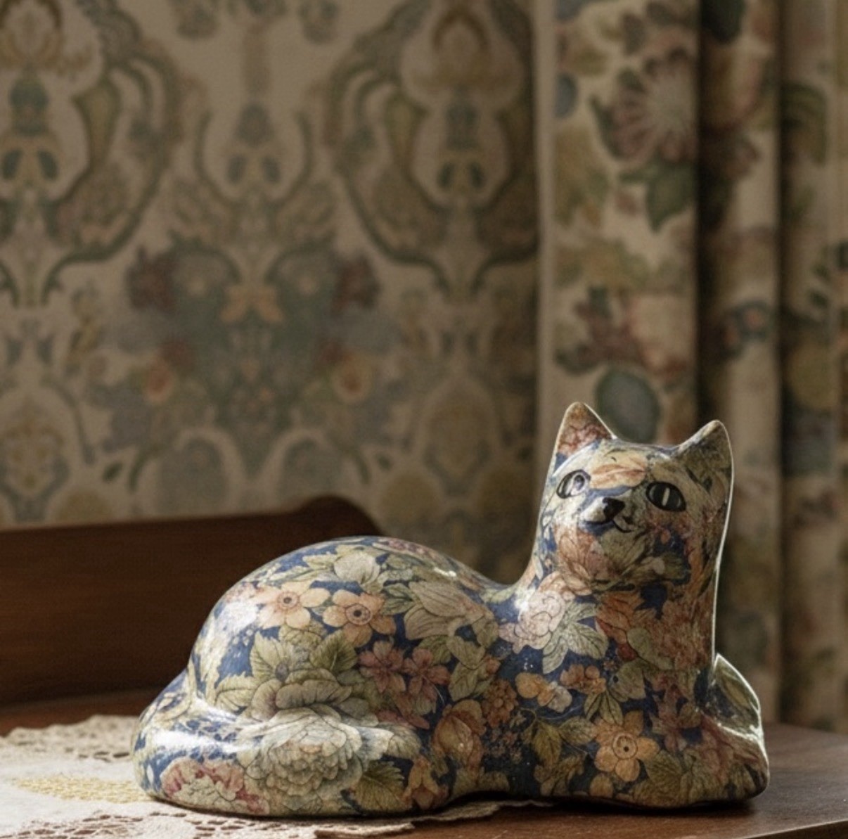 Vintage Papier Mache Cat Figurine Floral Decoupage Cottagecore Victorian Decor