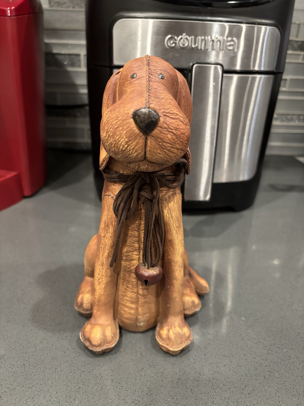 Vintage Resin Leather-Look Sitting Dog Statue Figurine with Bell Collar