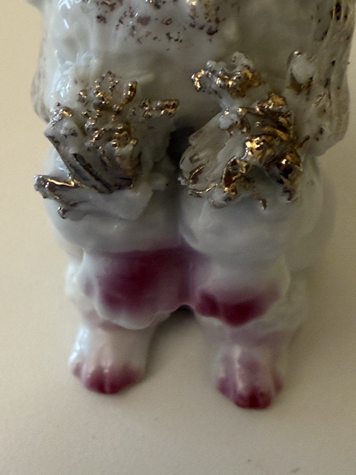 VTG Porcelain Poodle Spaghetti Trim With Pink Flowers Gold Accents 4.25”Cute