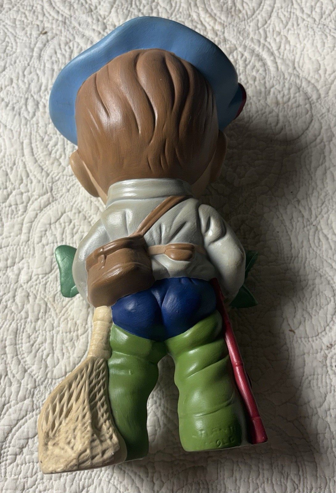 Vintage 1970s hand painted smiley boy fisherman figurine 9 in tall