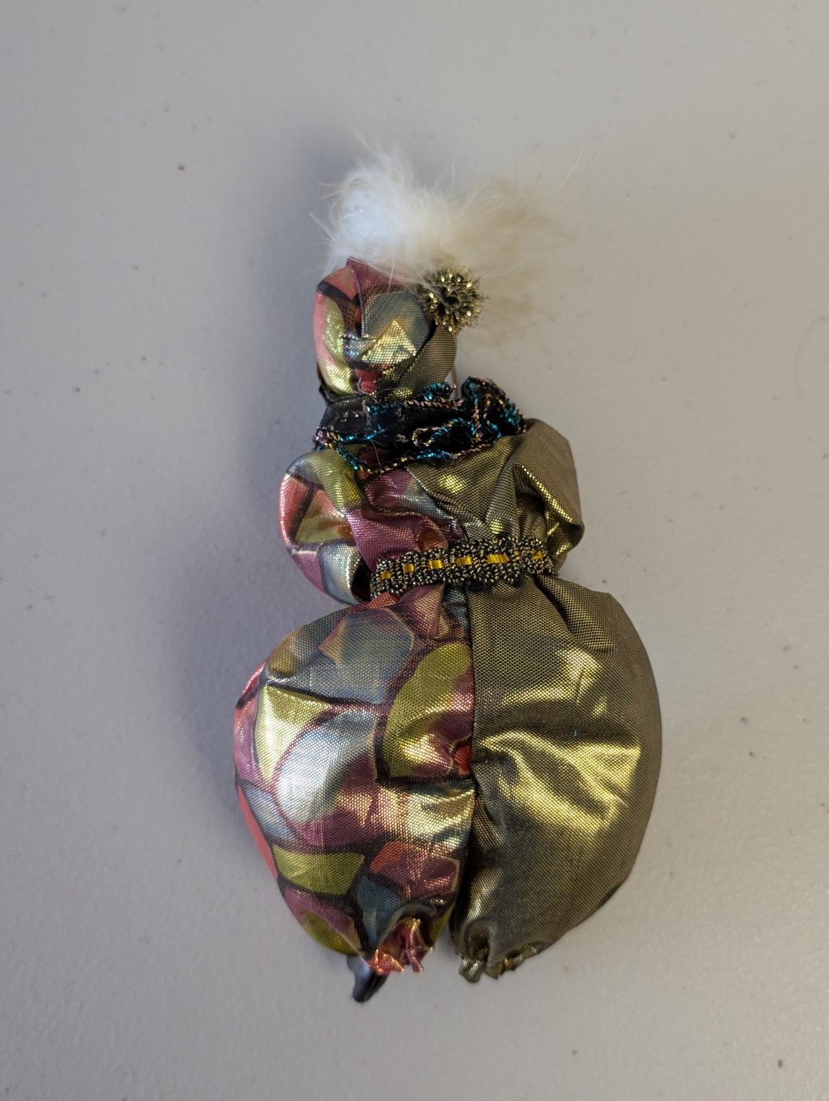 Vintage Porcelain Harlequin Clown Doll Gold Metallic Jester Heart on Cheek 8″
