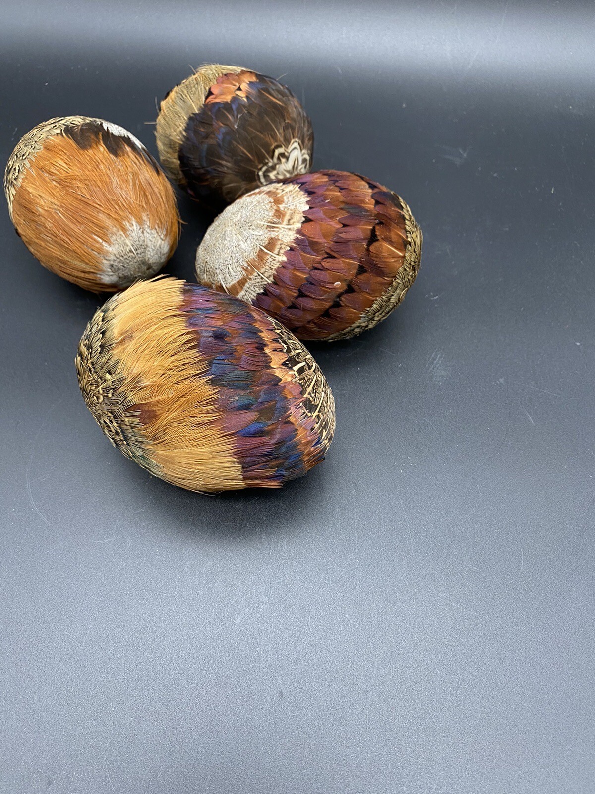 Pheasant Feather Covered Eggs Vintage Brown Multicolor Set Of 4