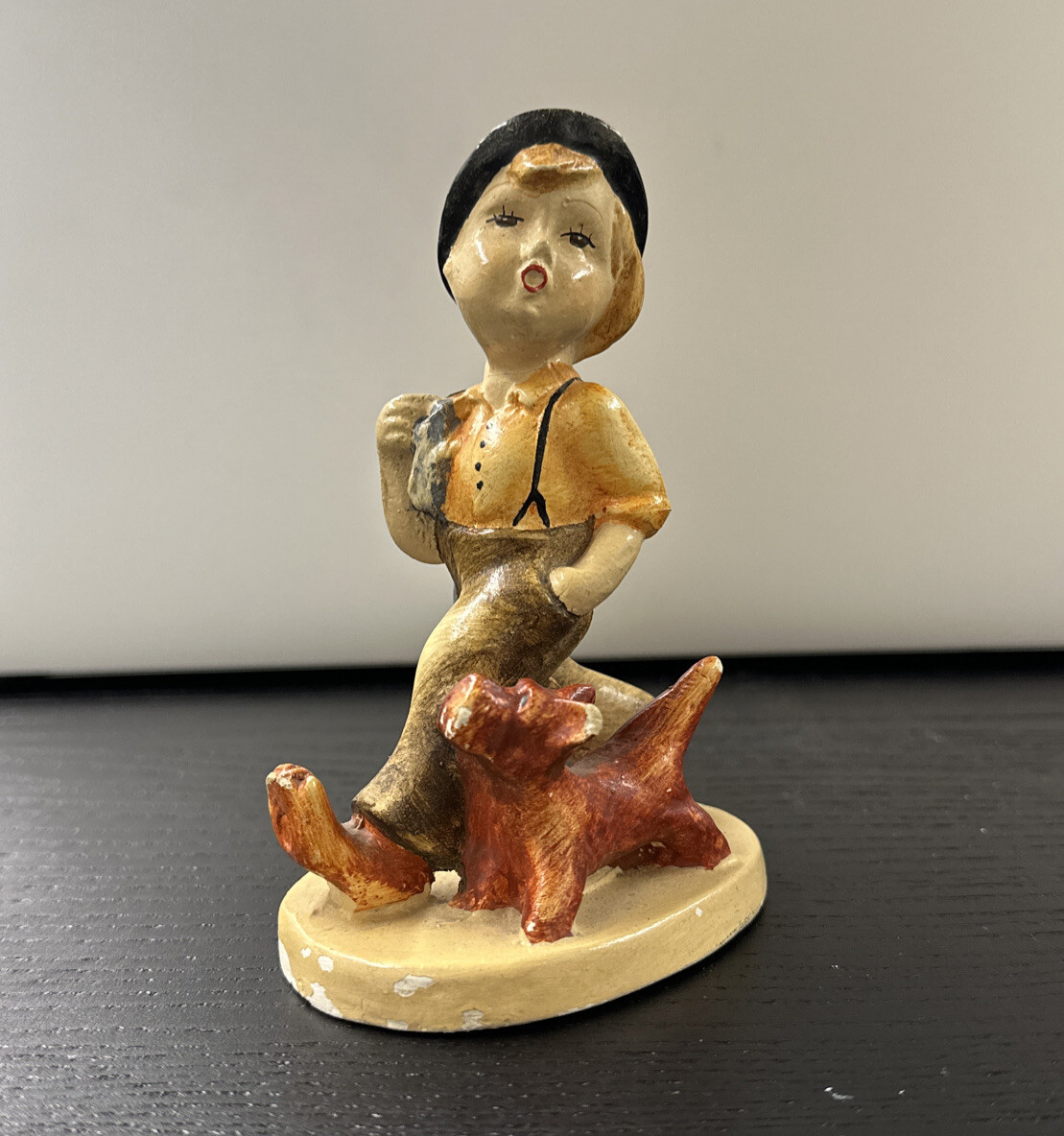 Vintage Plaster or Chalkware 5.5” Figurine Of Boy With Dog