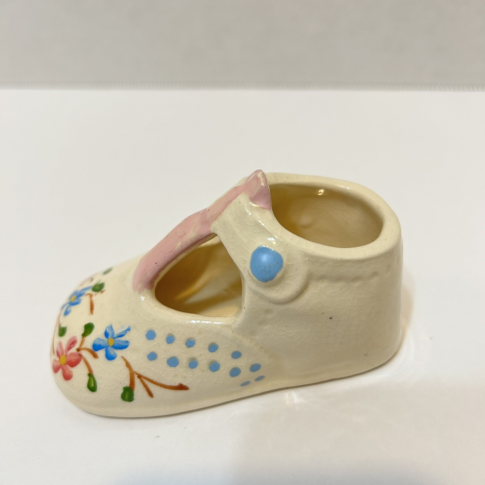 Antique Ceramic Baby Shoe Figure Mini Planter Handpainted Floral 3.75×1.75×2″