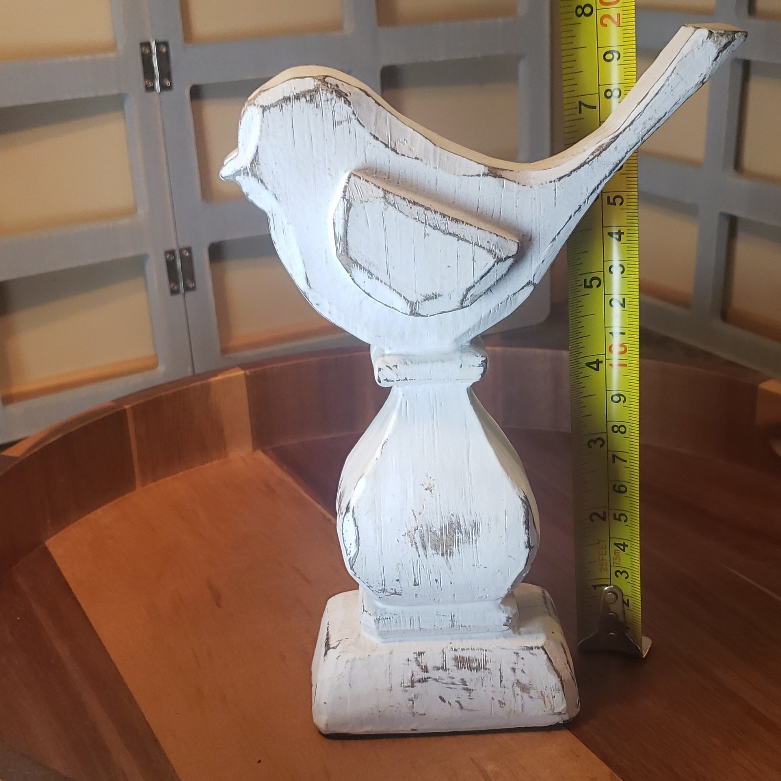 Hand Carved Distressed White Wooden Bird Figurine, 9 Inch, Rustic Shabby Style