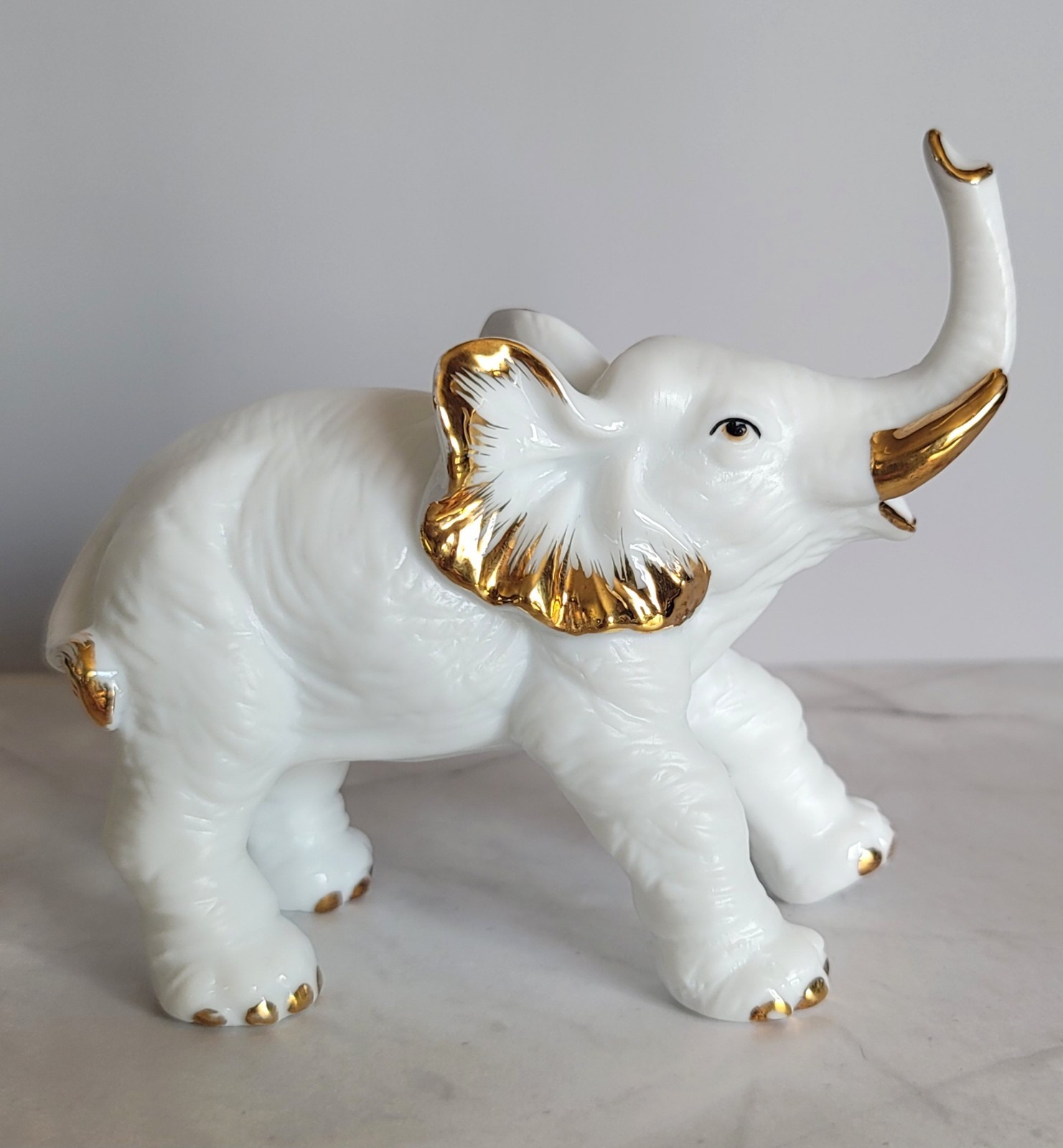 Vintage Matte & Glossy White Elephant Figurine w/ Gold Trim 4-1/2″ Tall 5″ Long