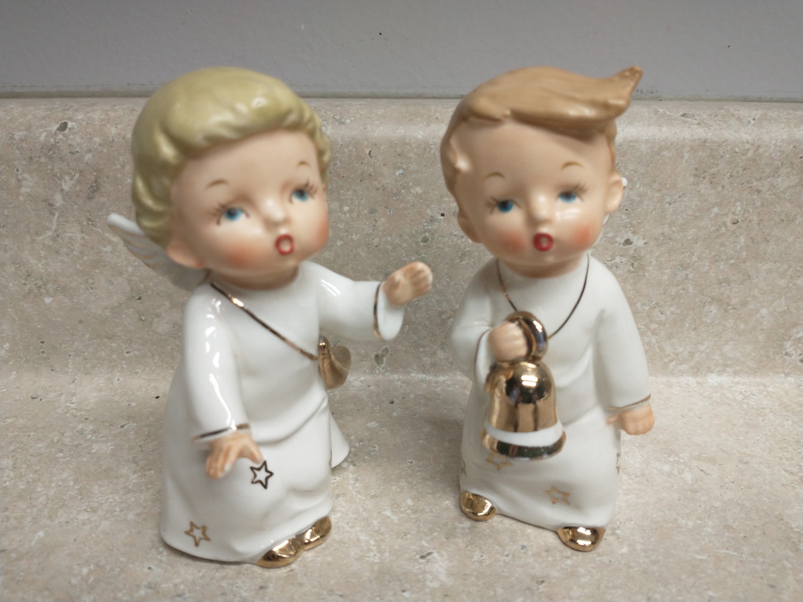 2 VTG 1950s White Gold Porcelain Christmas/New Year Winged Angel Figurines JAPAN