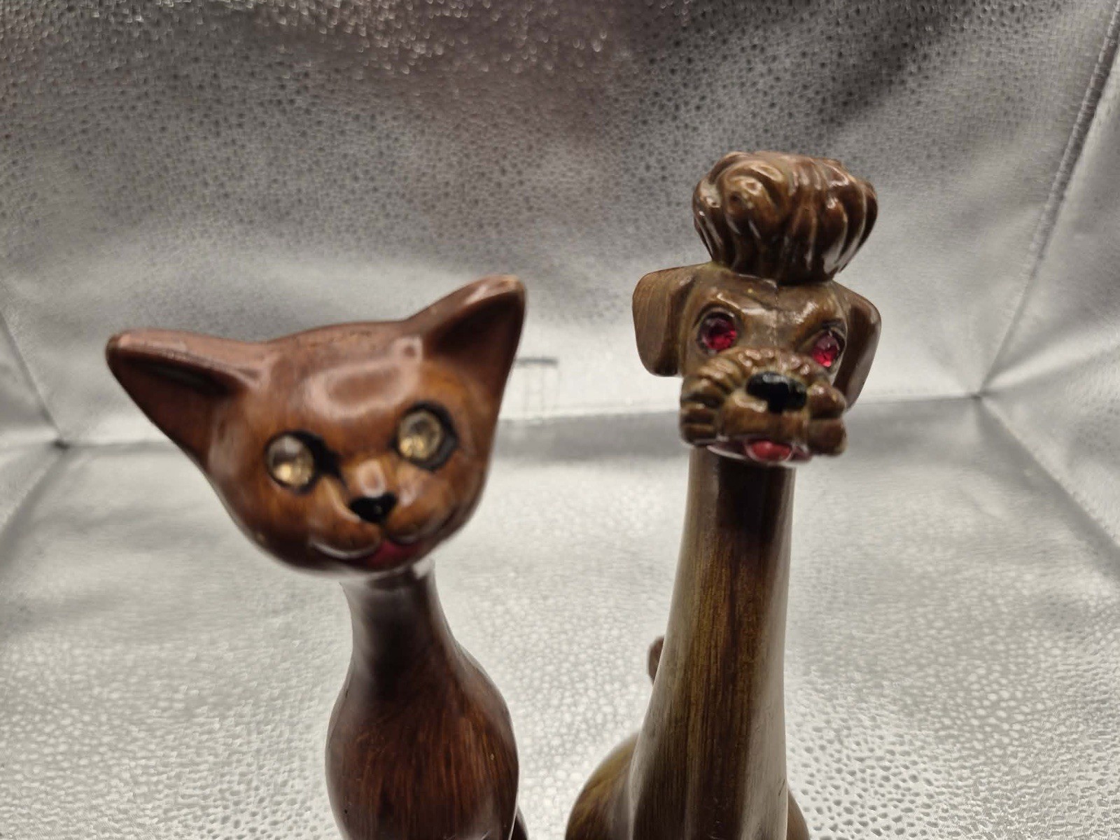 Cute & Kitschy MCM Long Neck Celluloid Cat & Poodle Dog Retro Midcentury Statues