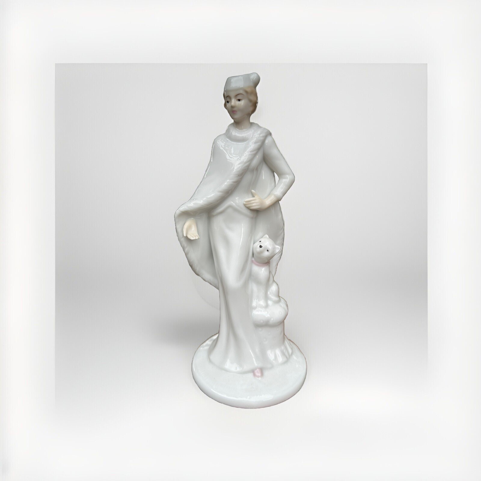 Vintage Porcelain Figurine Woman Elegant Lady with Cat White Decorative Accent
