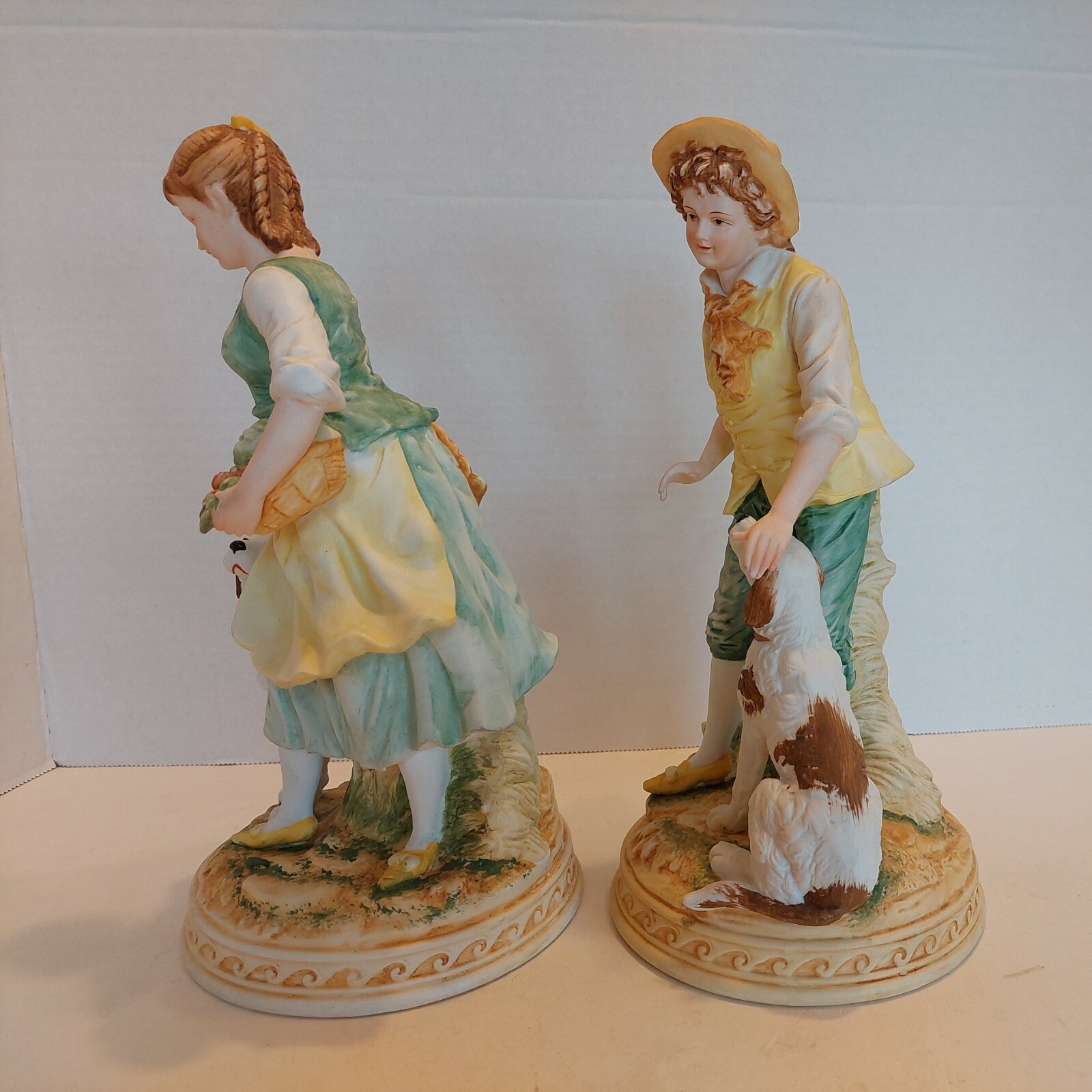 2 Ethan Allen Figurines Bisque Boy & Girl Spaniel? Dogs Set 3215A Vintage MINT