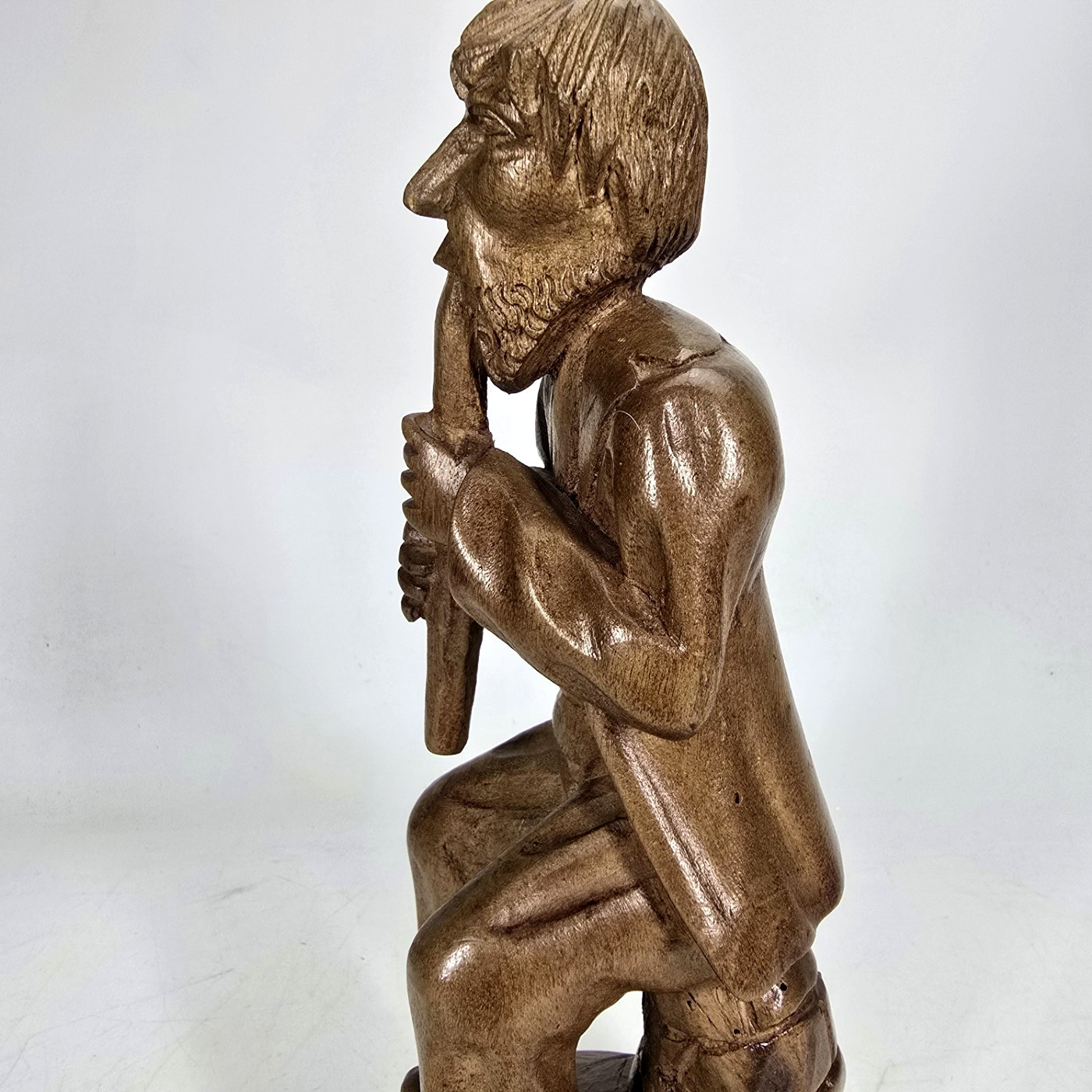 Art Wood Carved Man Musical Instrument Figure 9.75″ Handmade Craft Brown Vtg
