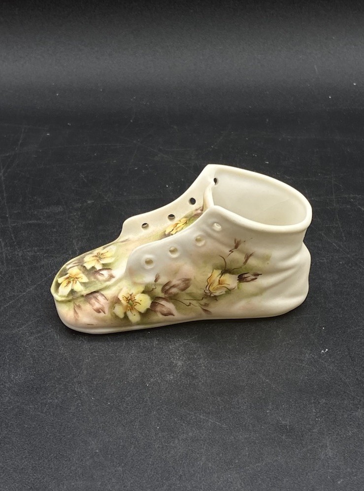 Victorian Ornate Lace Up Baby Shoe Figurine Yellow & Brown Flowers 1880?