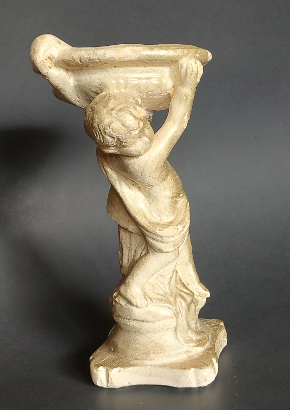 Vintage Chalkware Cherub with Pedestal Bowl Statue 1940s Shabby Chic 8.5 inches