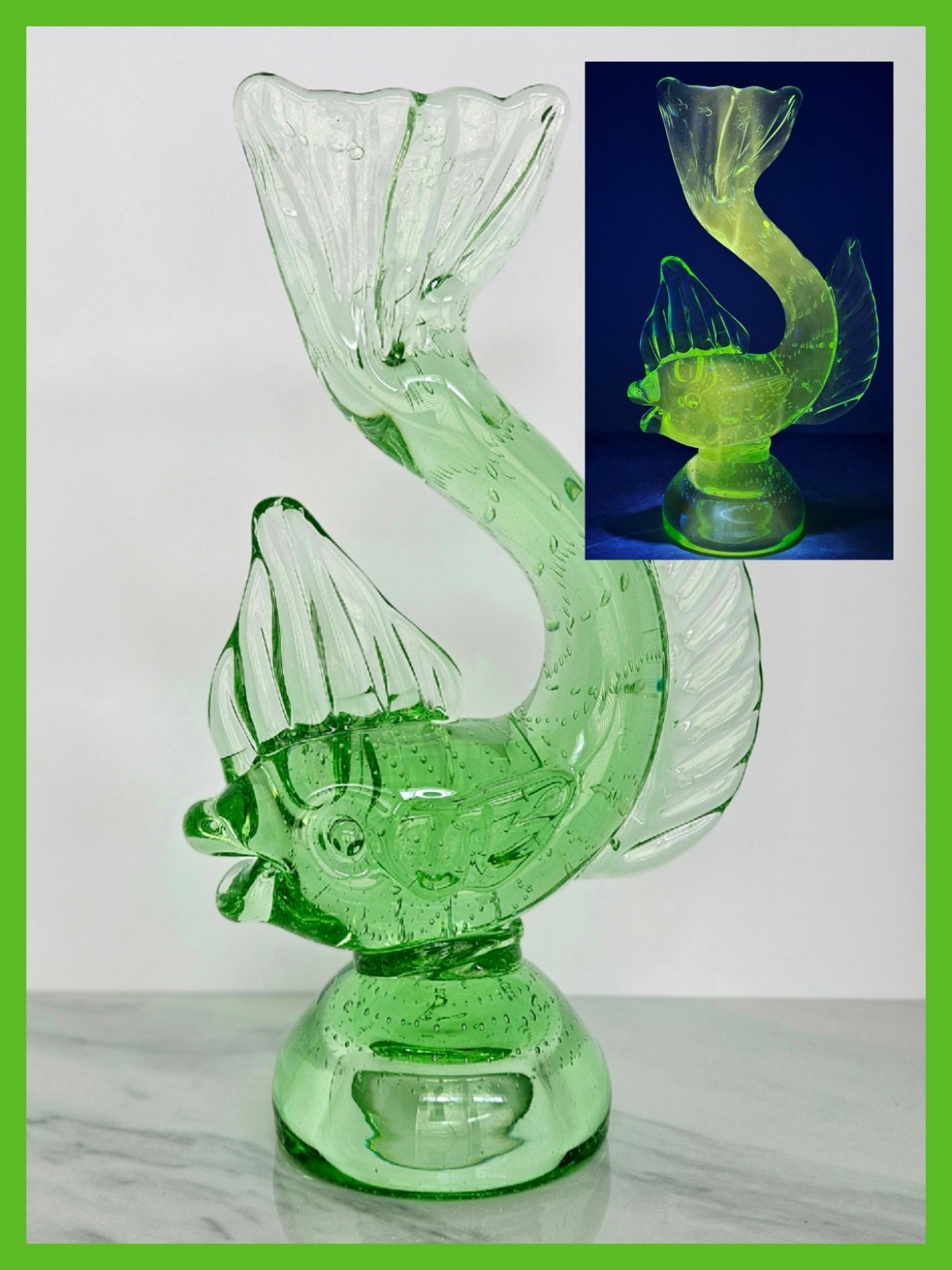 Vintage Murano Glass Green Bullicante Uranium Glass Fish 🐠