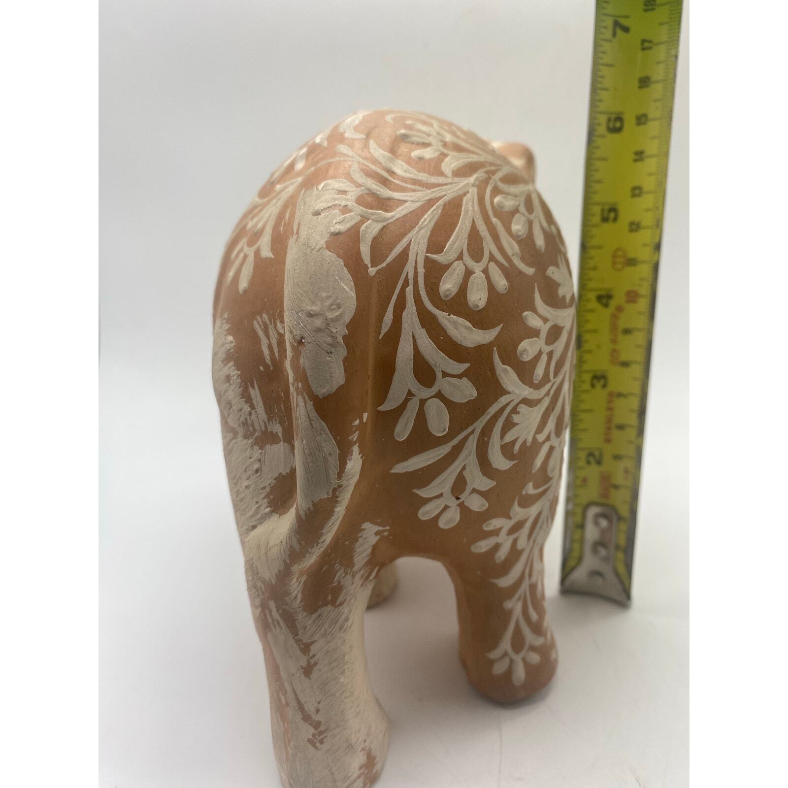 Terracotta Painted ElephantWhite painted Scroll design 6×7″Boho eclectic