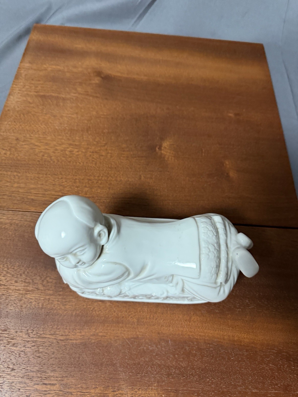 White Porcelain Reclining Child Figurine Trinket Box Asian Style Ceramic