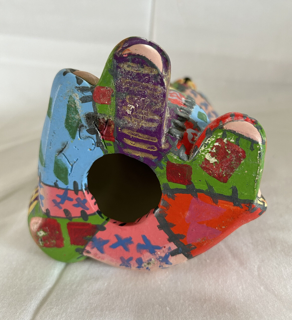 Vintage Folk Art Cat Colorful Patchwork Hand painted Ceramic Figurine 6.5 inch