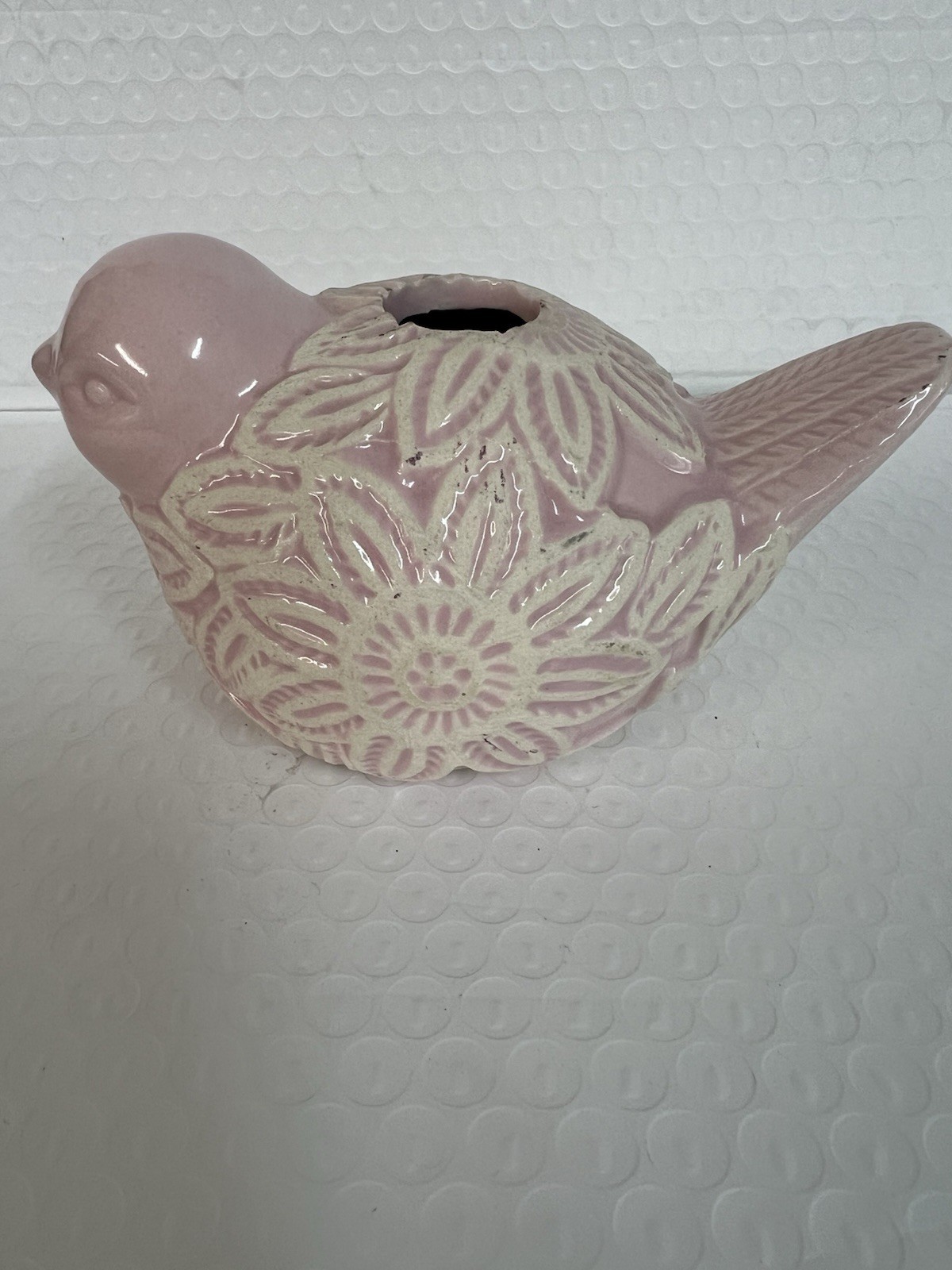 Bird Figurine~Ceramic~Cottage Bud Vase~5.5 in X 3.5 In~ Pink~White Design