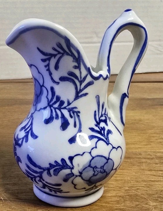 Vintage Andrea by Sadek Blue and White Porcelain Miniature Pitcher Floral 4″