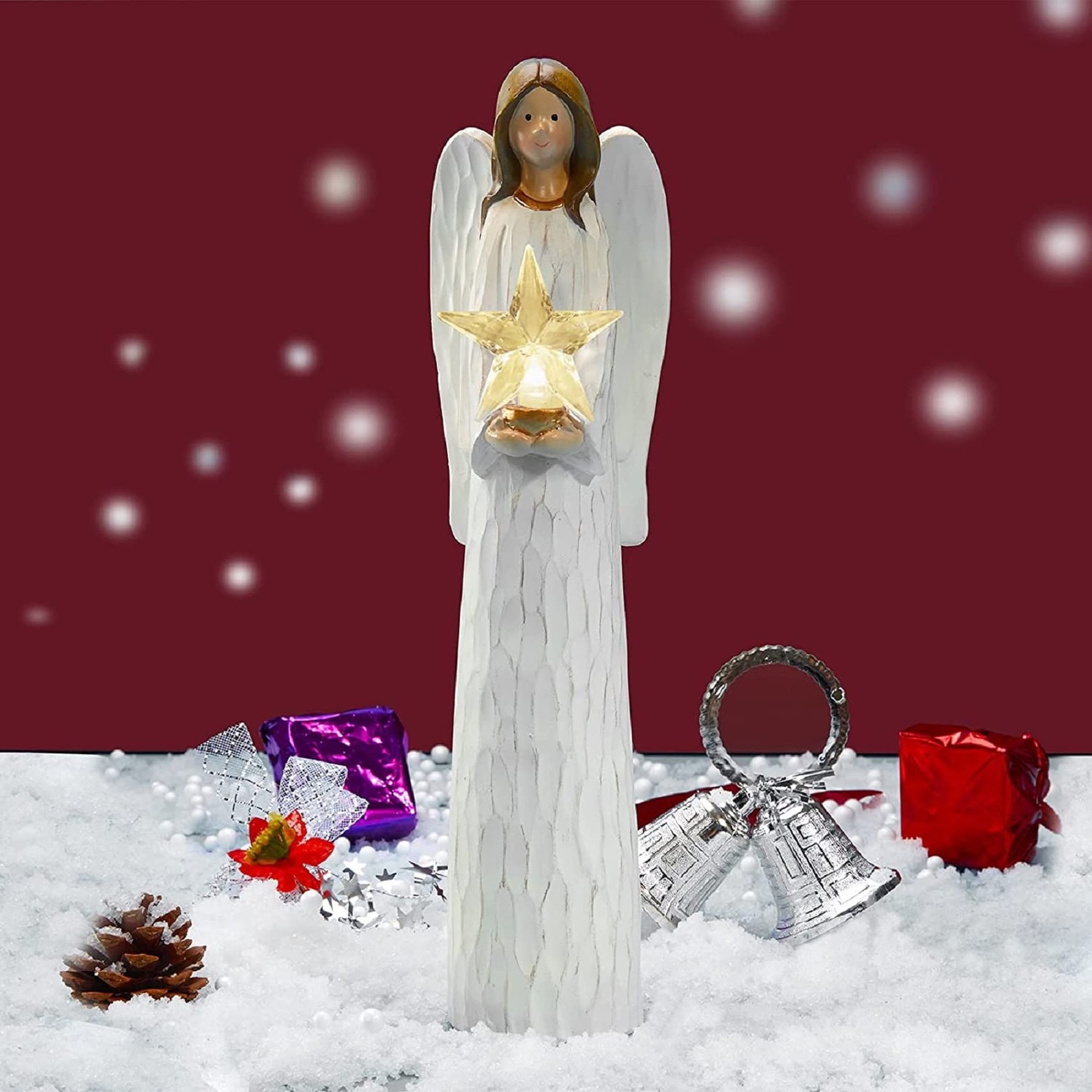 Christmas Angels Figurines Holding LED Light Crystal Star, Light Up Angel Sta…