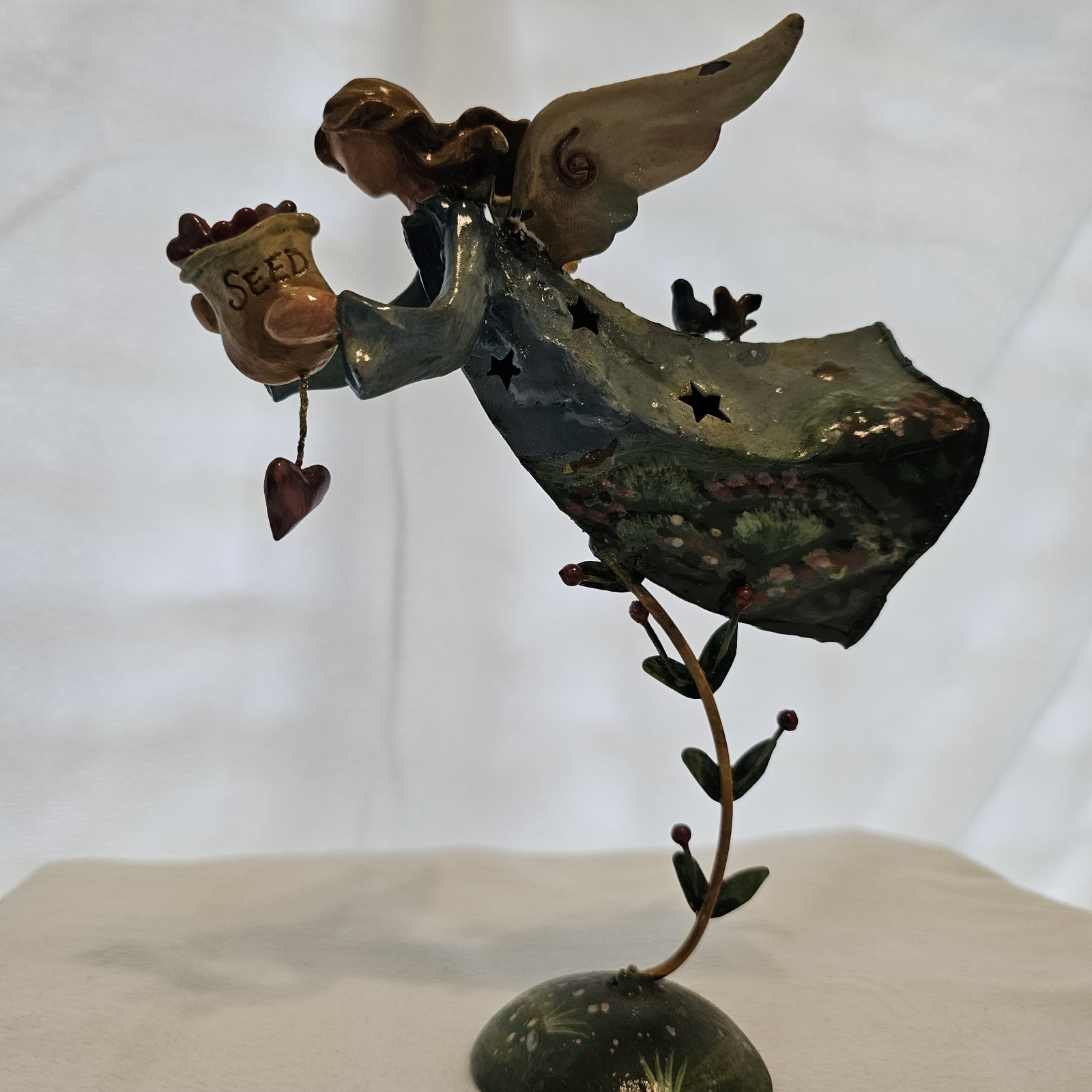 Seed Fairy Statue Metal Painted Angel Blues And Greens 7×8 In.