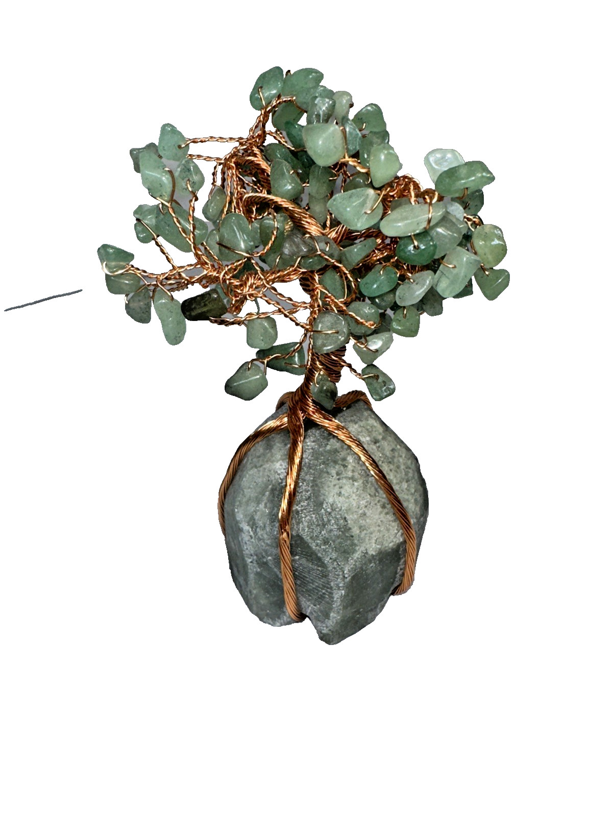 Green Aventurine Gemstone Tree of Life Copper Wire Sculpture on Quartz Base