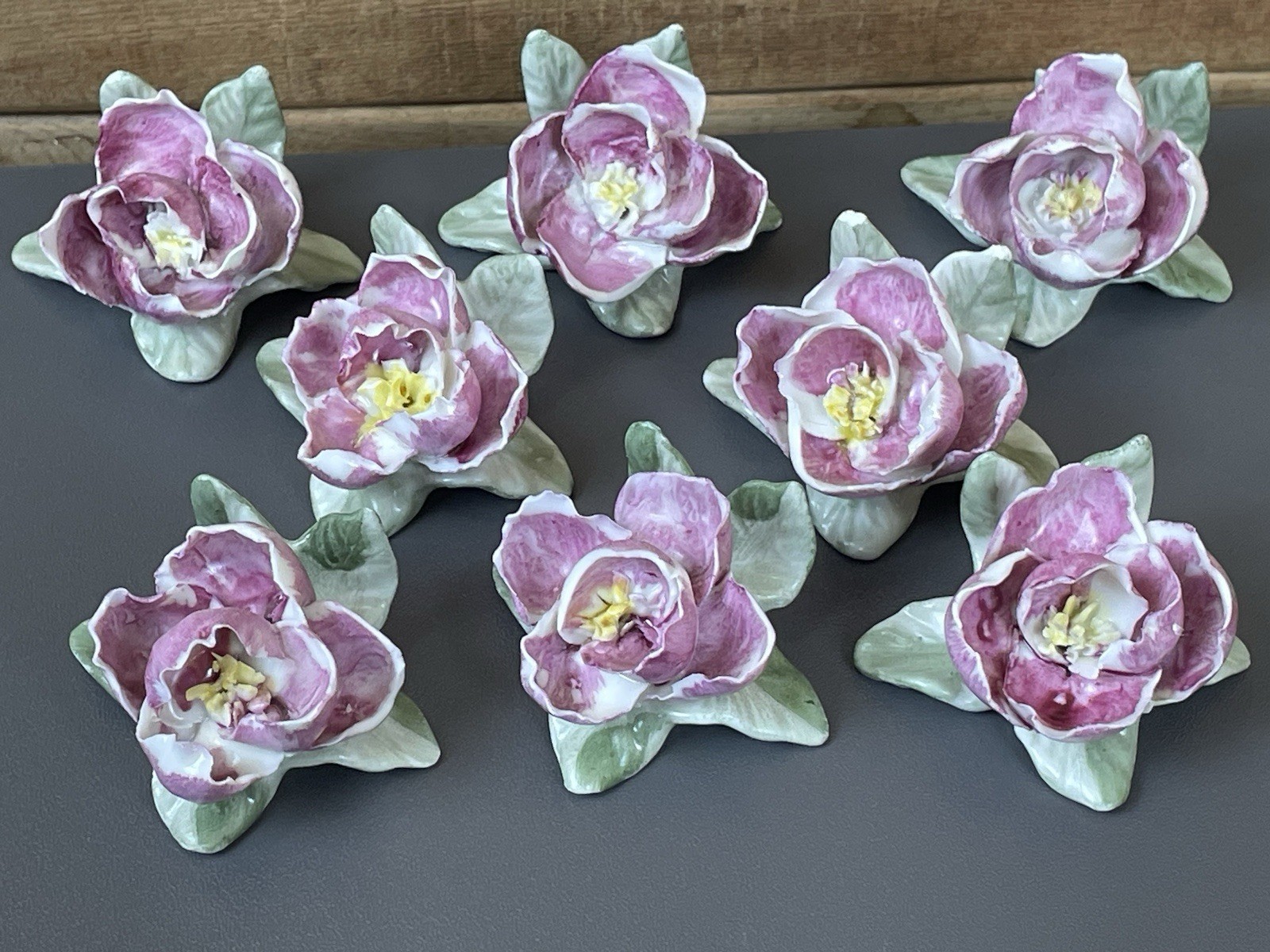 VTG. Bavaria-Germany Porcelain Pink Rose Place Card Holders Set 8 Hand Painted
