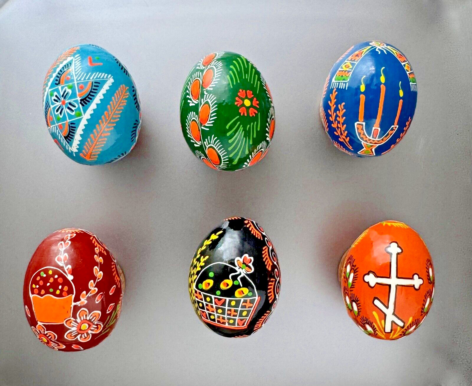 6 Medium Size Painted Ukrainian Pysanky Easter Eggs, Geometric, 11 3/4″X1 1/4″