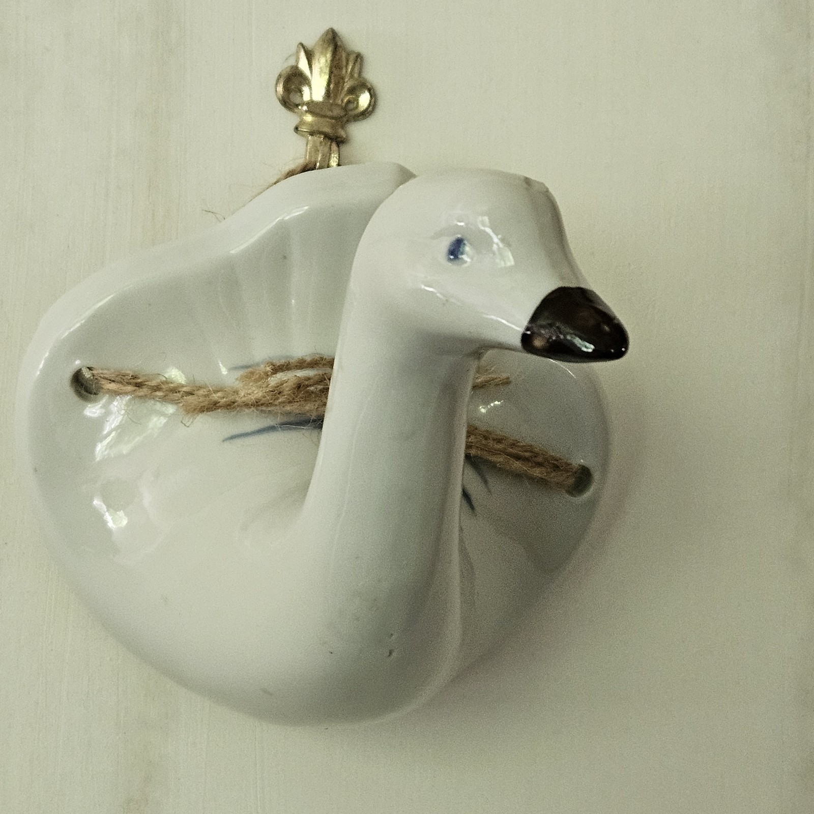 Rare Vintage Goose Hand Towel Holder Hook, Blue And White Ceramic, Cottagecore