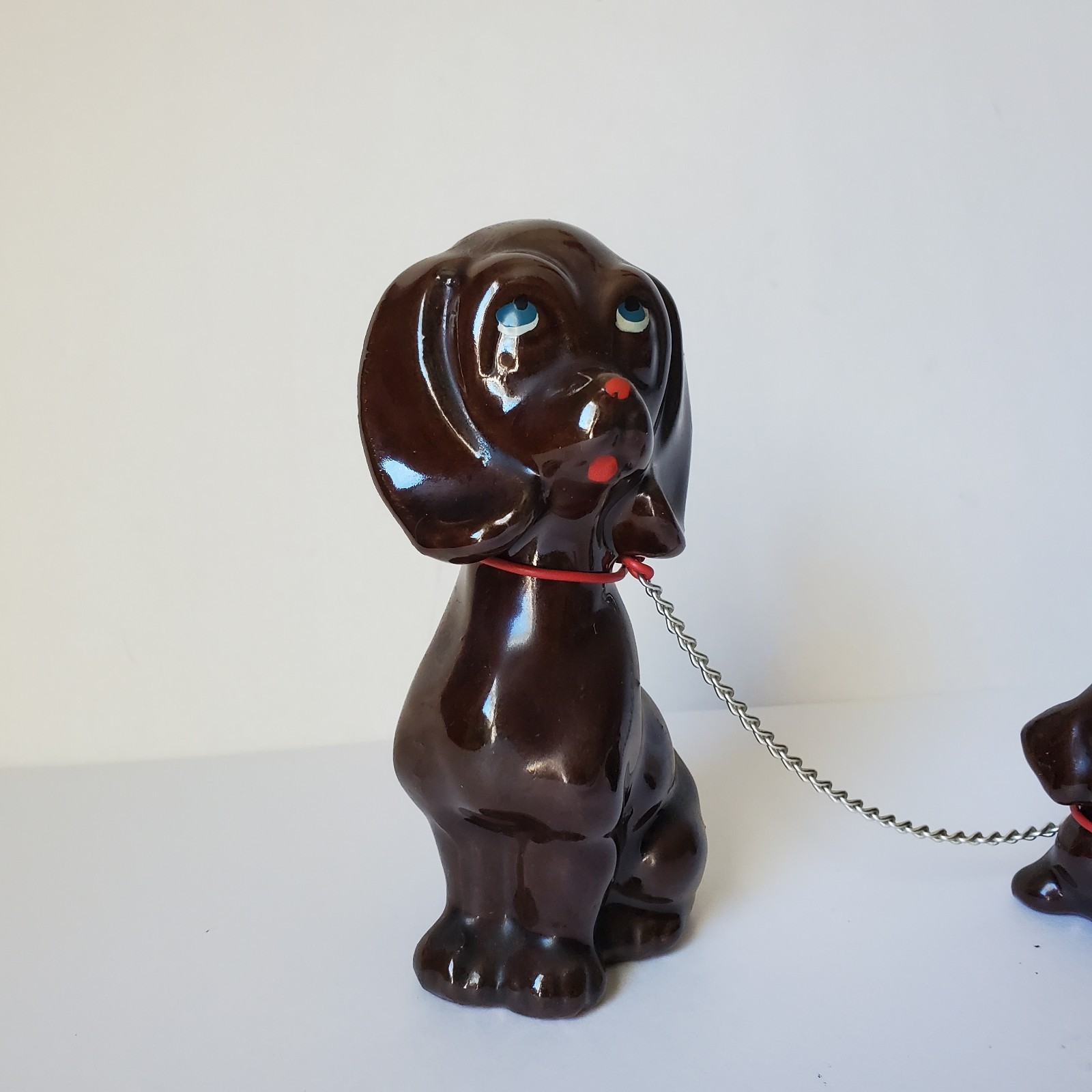Redware Pottery Dog Mom With Puppy on Chain Hound Anthropomorphic Kitsch MCM Vtg