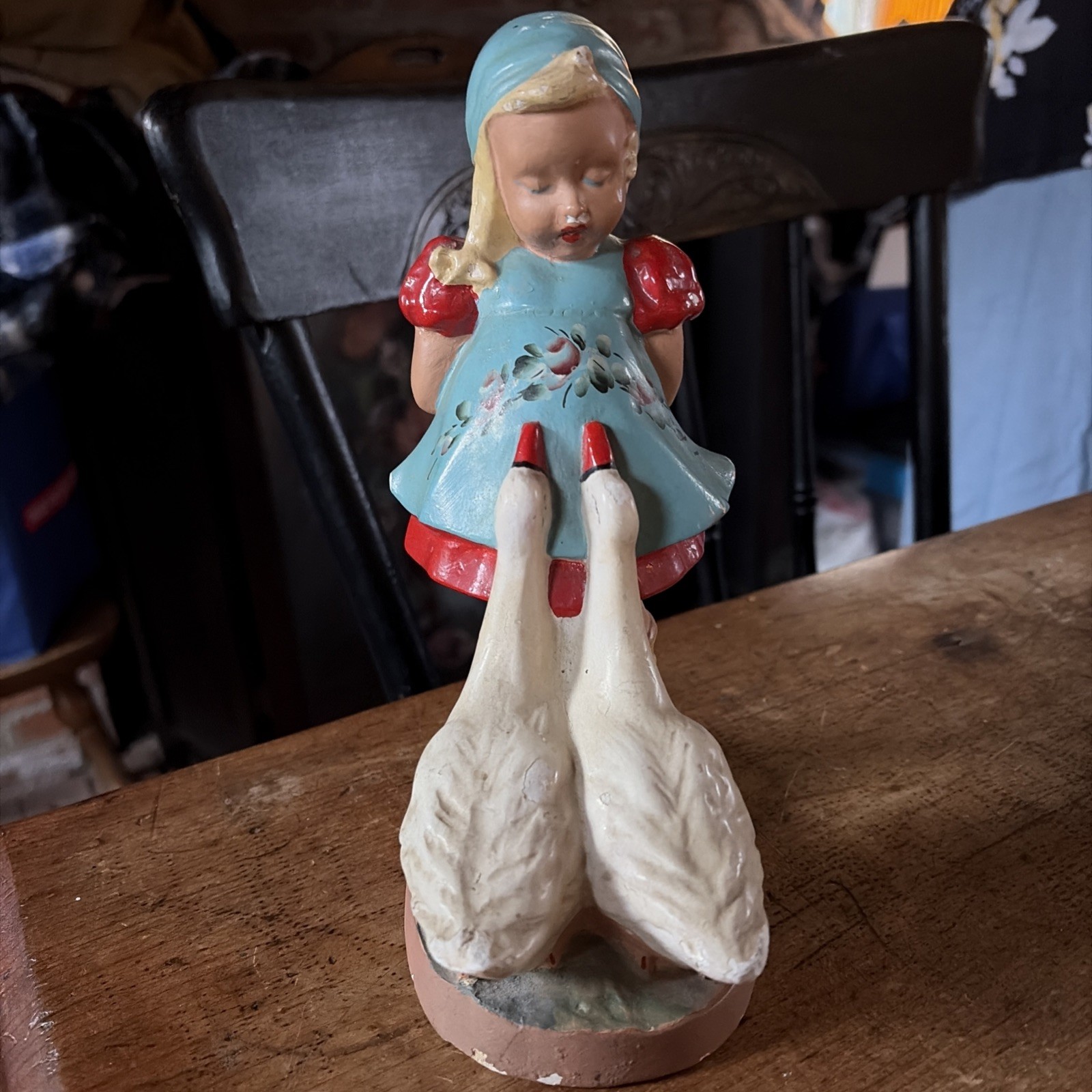 Alexander Backer Chalkware Girl with Geese Figurine 8.5 Inches.