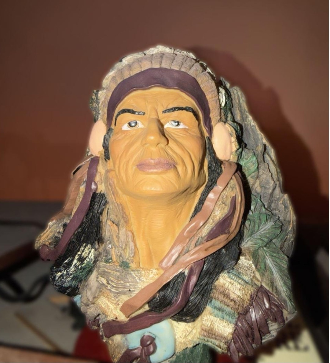 Native American Chief Bust Figurine Resin 3D Effect Painted on Wood Base