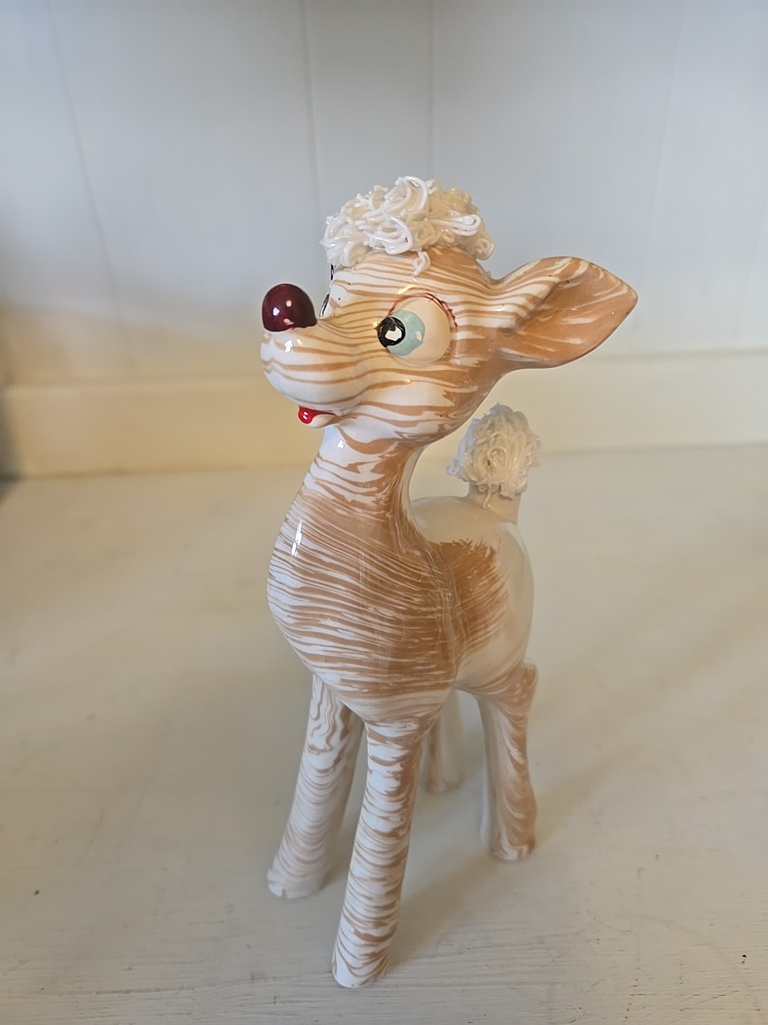 VTG XMAS Deer Figure 7.5” Enesco Japan Marble Cake Zoo Spaghetti Trim Ceramic