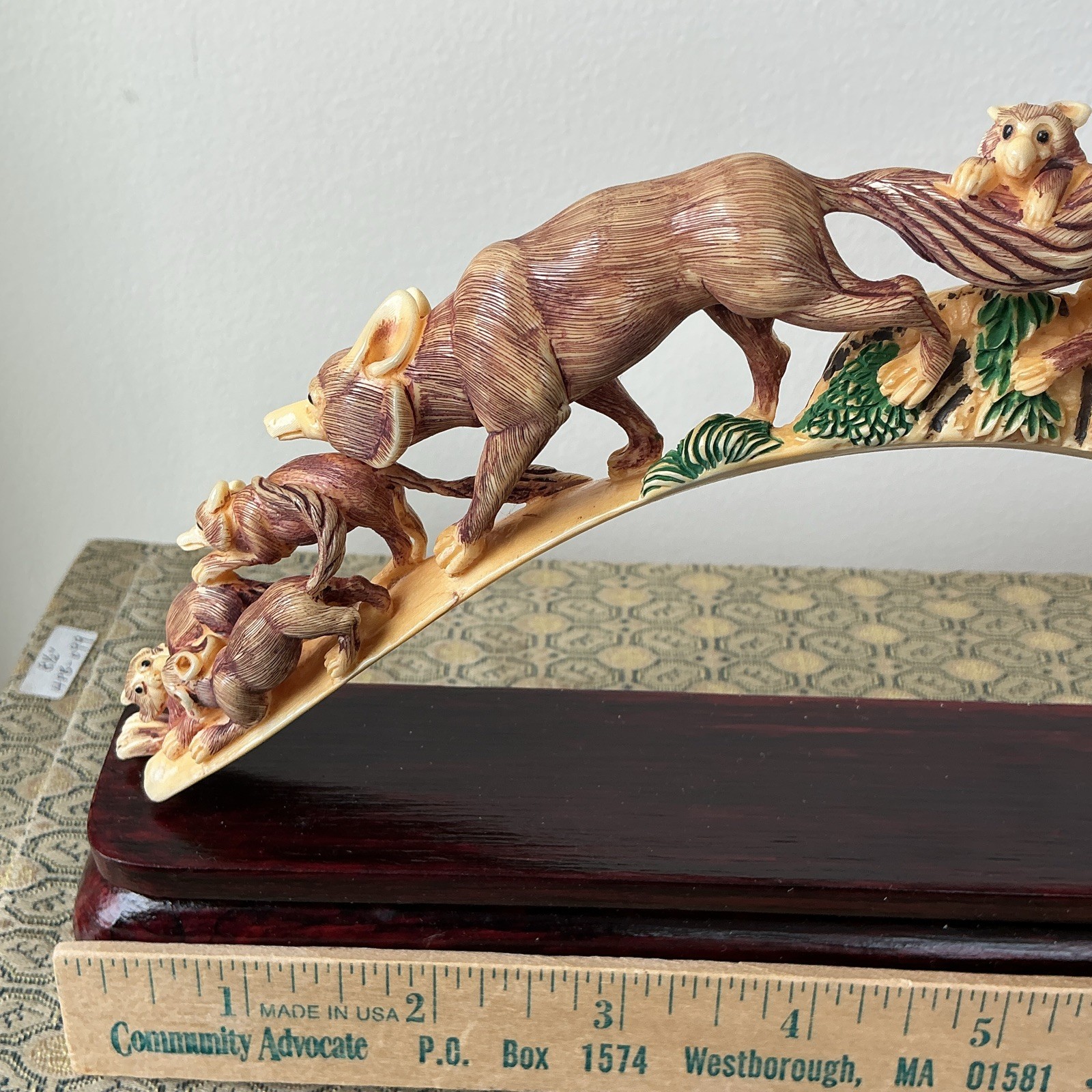 Ivory color Group animal Arch Sculpture on Dark Wood Base Brown Beige Green