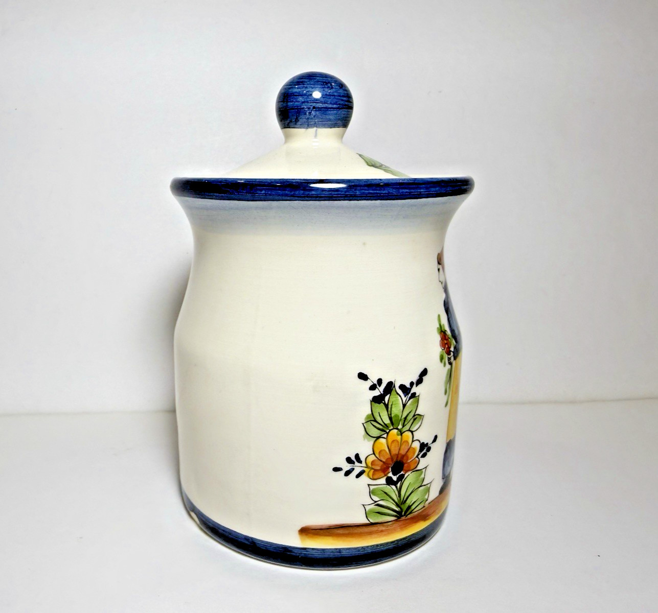 J. Willfred for Andrea Sadek Hand Painted Jar with Top Woman Floral Portugal