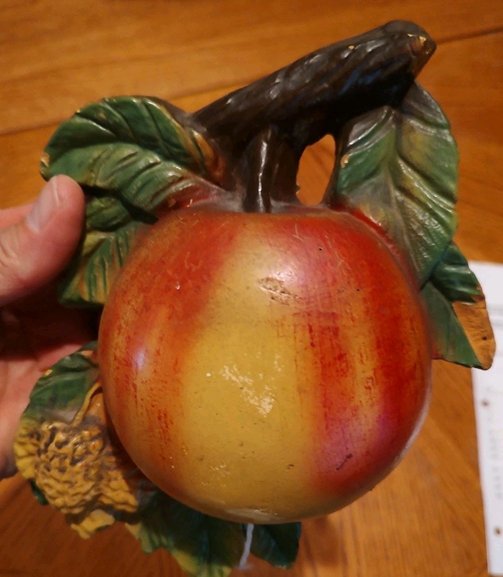 Rare 1950s Chalkware Apple Peach Fruit String Holder Wall Decor Art Plaque USA