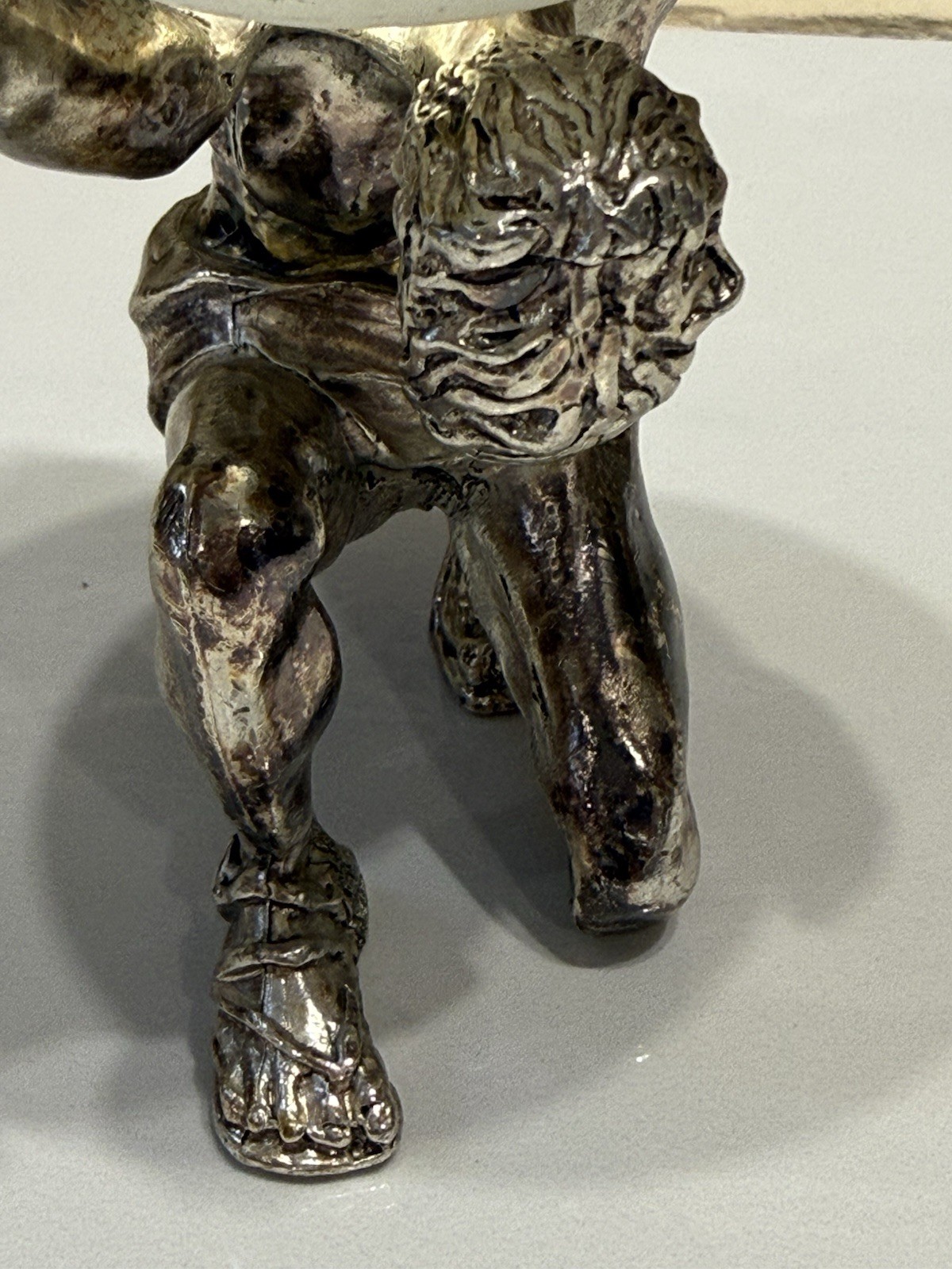 ATLAS SCULPTURE FIGURINE HOLDING SOLID FROSTED ORB GLOBE VINTAGE SILVER TONE