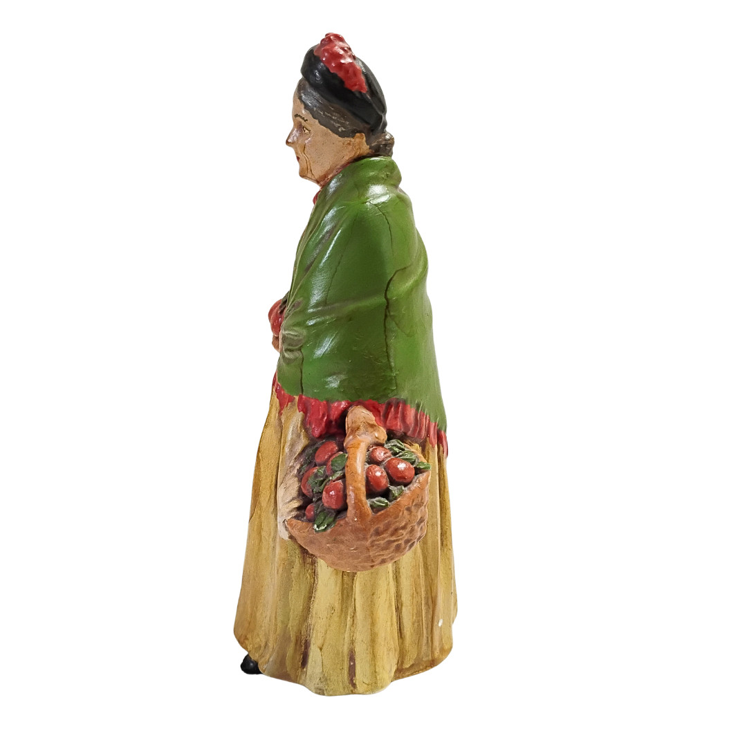 Vtg Wood Carving | Old Woman Carrying Apple Baskets | 8″ | Numbered on Bottom