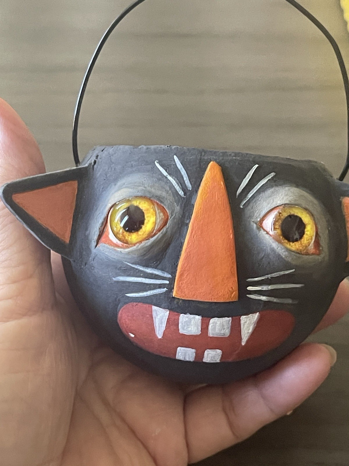 Halloween Artist Ooak Black Cat Bucket Paper Mache