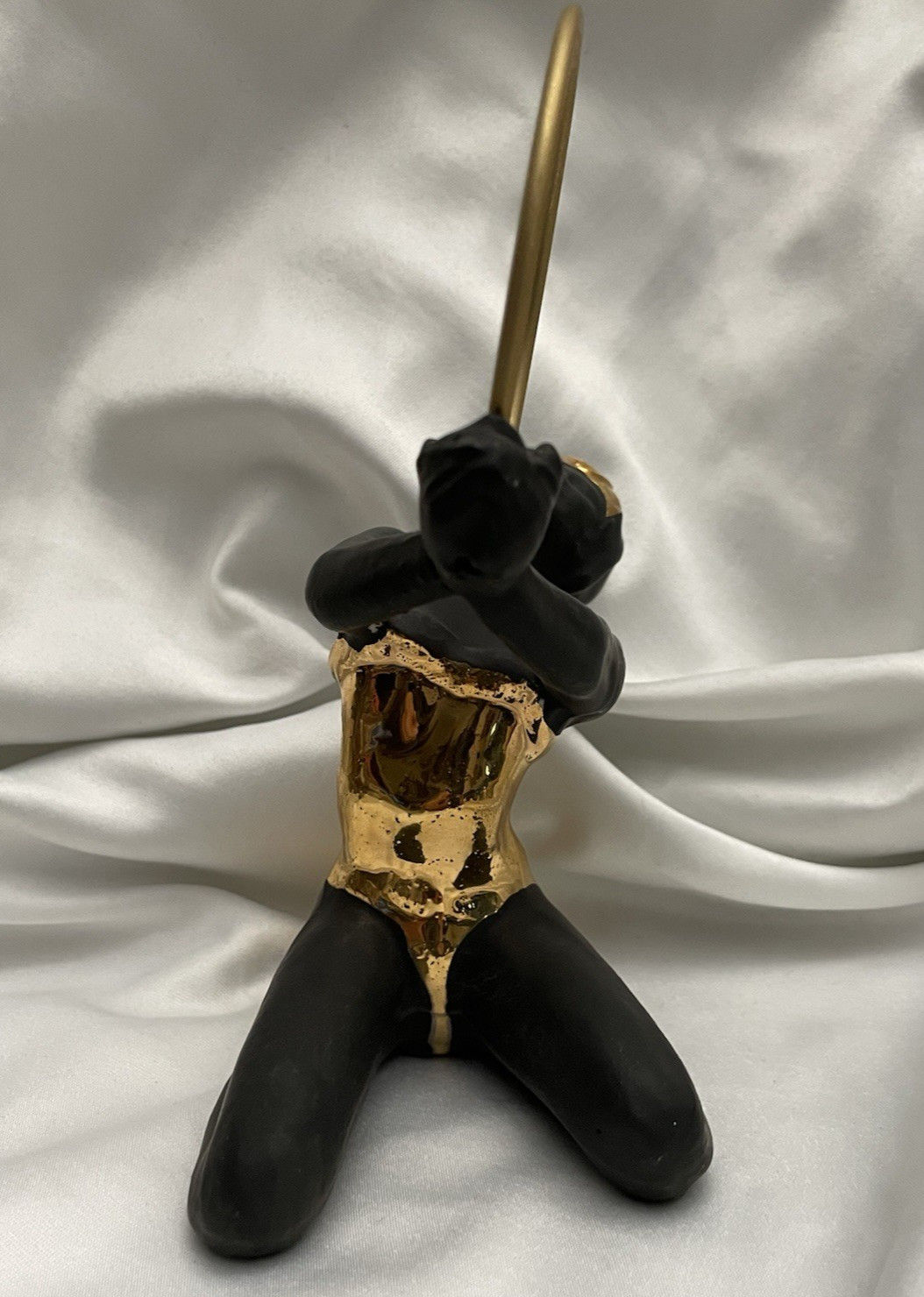 1970’s Ceramic Female Hula Hoop Dancer ~ Matte Black w/Gold-Toned Glossy Glaze