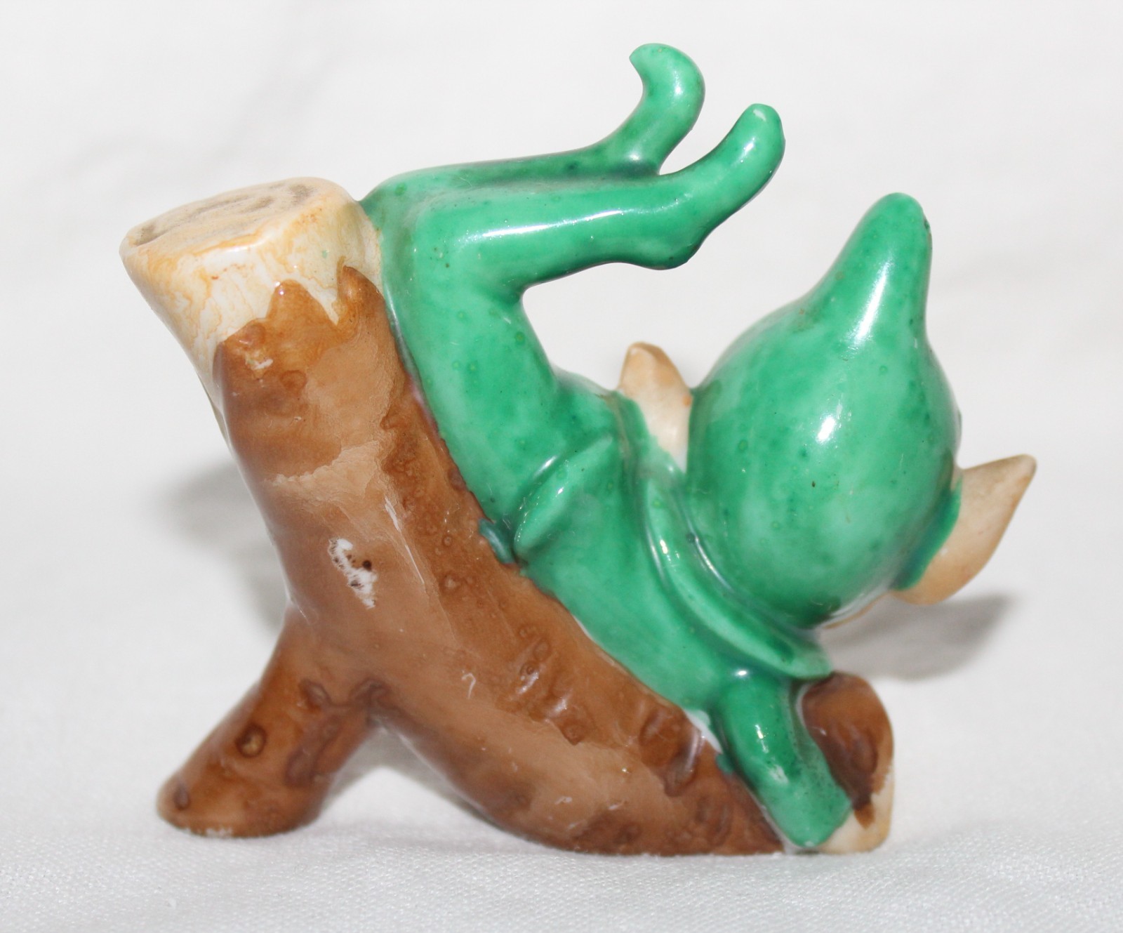 Vintage Green Pixie Elf on Log Ceramic Figurine Retro MCM Christmas Japan