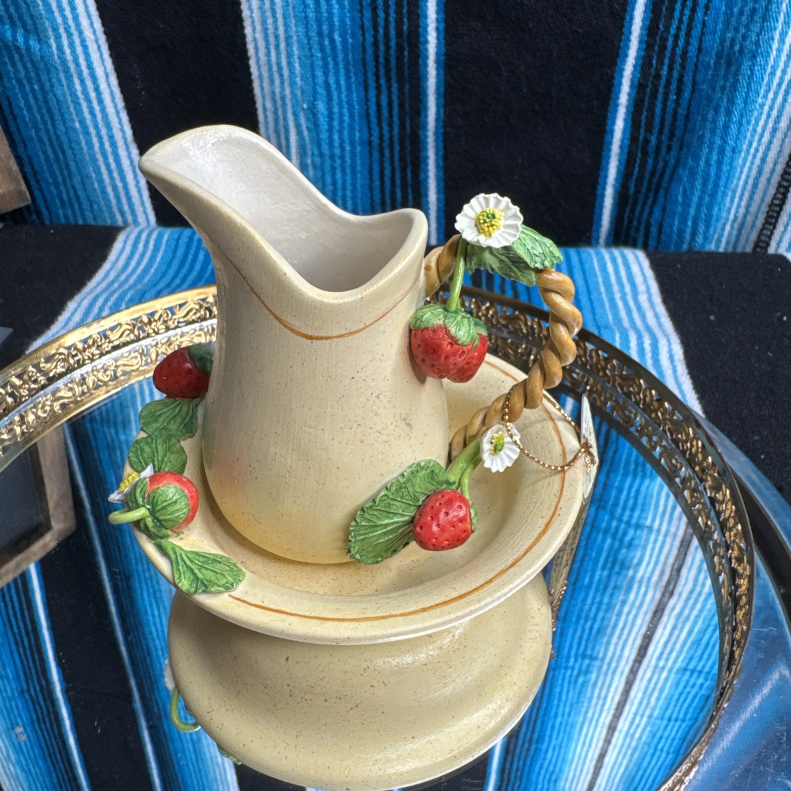Khien, Mini, 3 in ceramic Pitcher w/plate Red Strawberry & White Flower