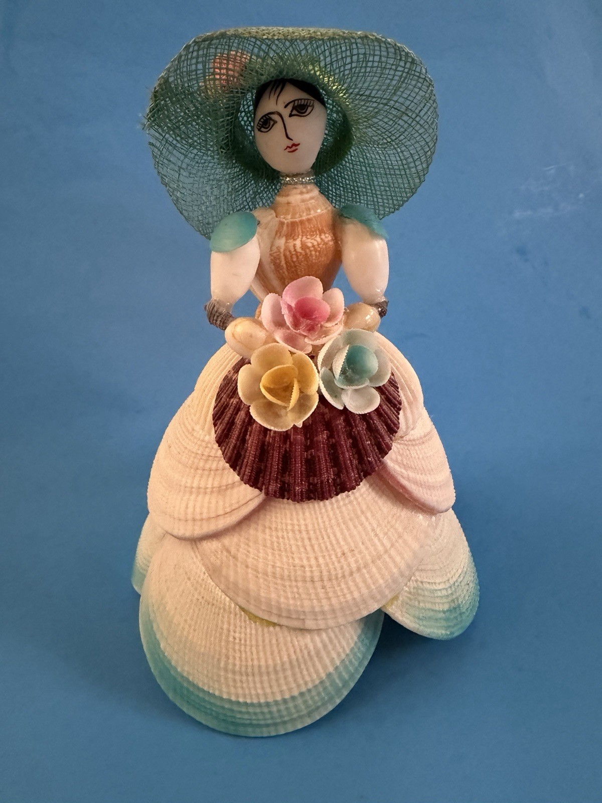 Vintage Seashell Lady Holding Bouquet Seashell Art 6”
