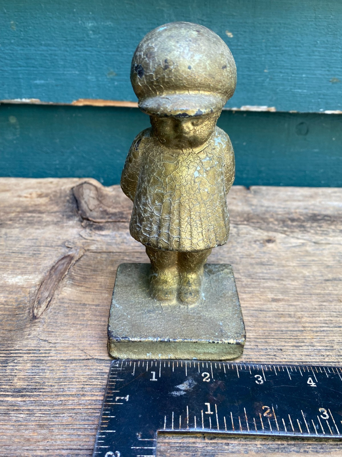 Vintage Child Figure Bookend Doorstop Gold Paint Cast Metal Boy -I’m Sorry 3Lbs.