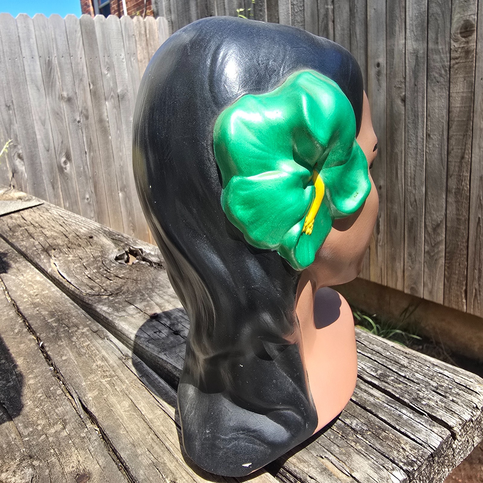 Vintage 1976 Hawaiian Hula Girl Head Statue Bust Tiki Decor Signed Polynesian