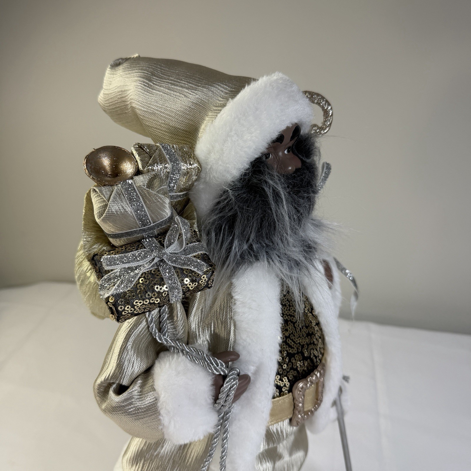 Martha Stewart 19″ African American Gold Silver Fur Santa Figurine New Holiday